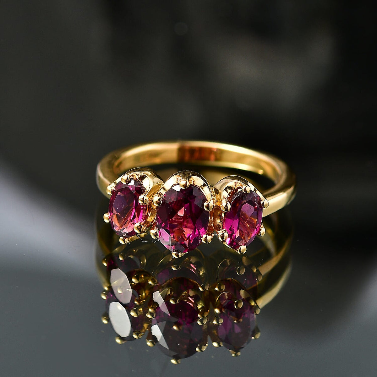 D'Joy - Natural Radiant Ember Garnet Trilogy Ring in 18K Vermeil Yellow Gold Plated Sterling Silver 2.10 Ct. V32523864 3
