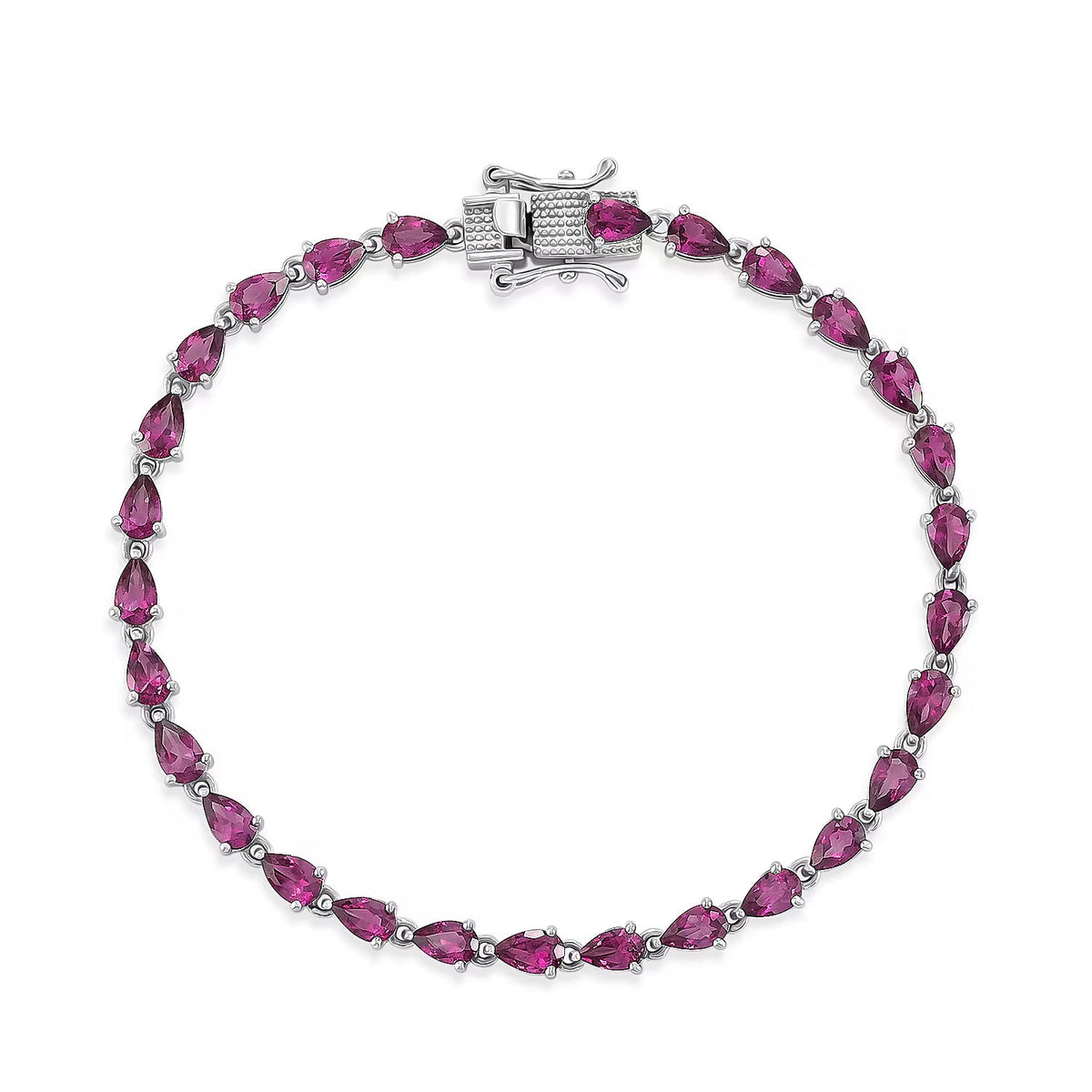 D'Joy - Natural Radiant Ember Garnet Pear-Cut Tennis Bracelet (Size - 7) with Lock Box in Rhodium Overlay Sterling Silver 7.61 Ct. 8562792 0