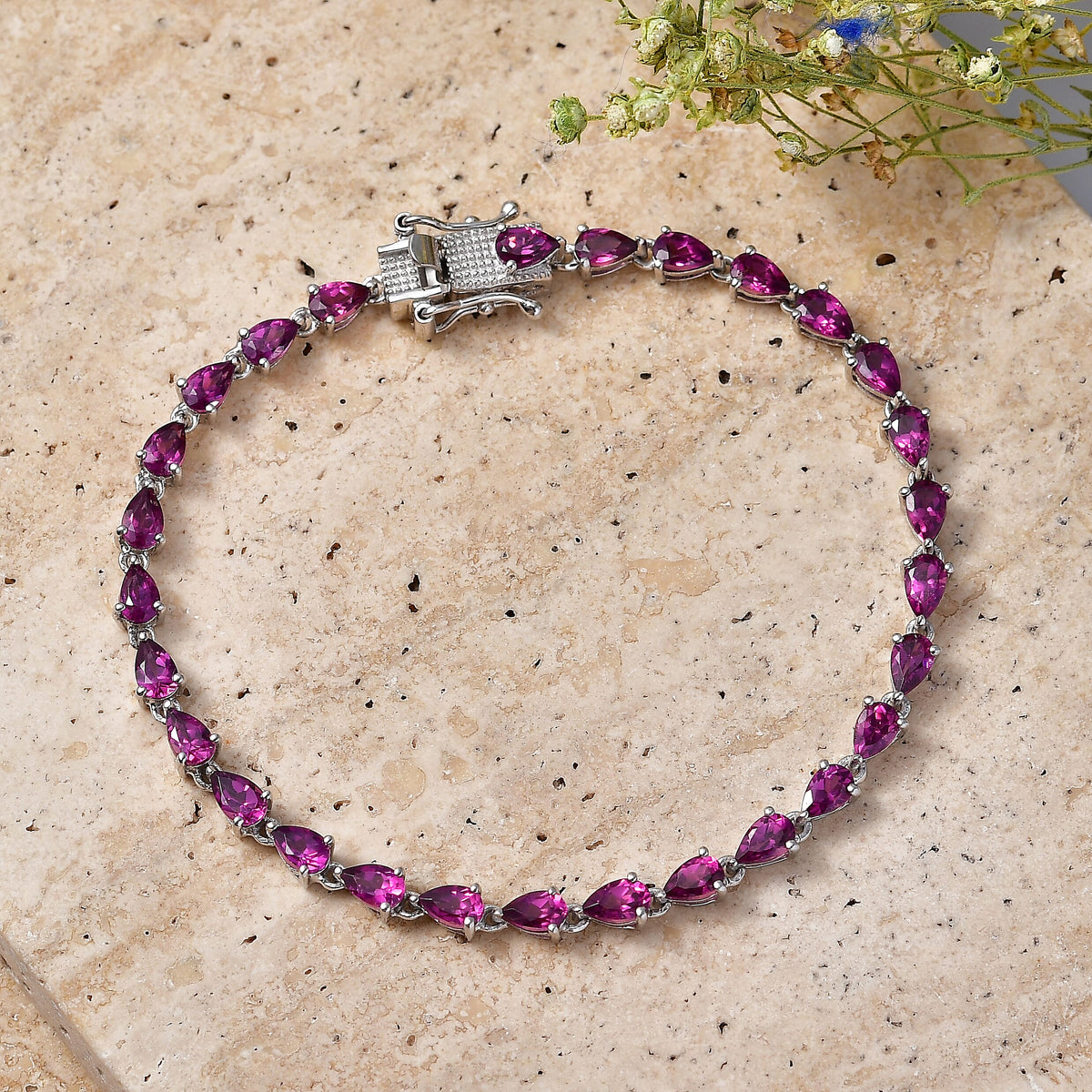 D'Joy - Natural Radiant Ember Garnet Pear-Cut Tennis Bracelet (Size - 7) with Lock Box in Rhodium Overlay Sterling Silver 7.61 Ct. 8562792 3