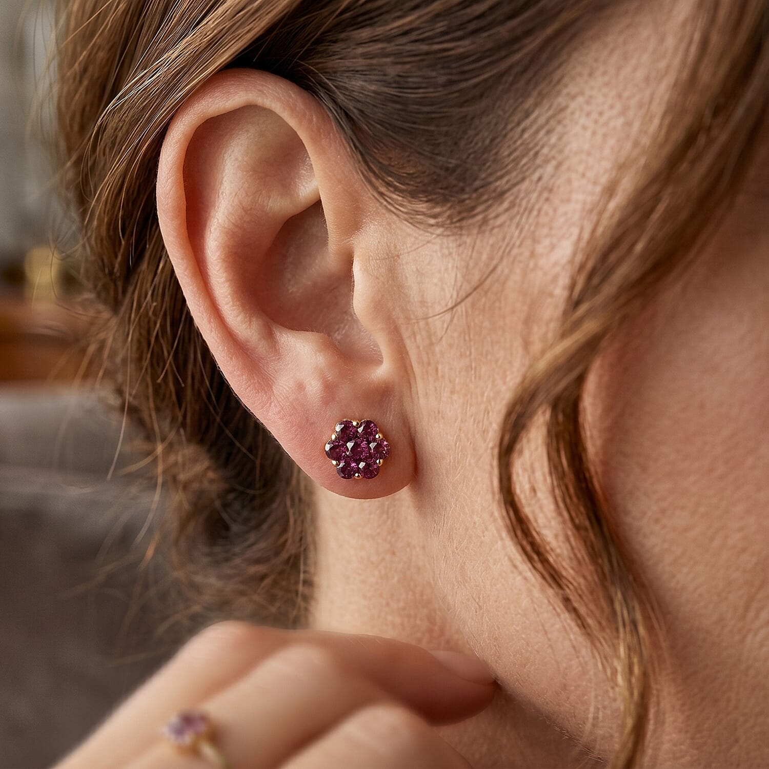 D'Joy - Natural Radiant Ember Garnet Floral Earring with Push Post in Yellow Gold Plated Sterling Silver 2.27 Ct. 8618181 2