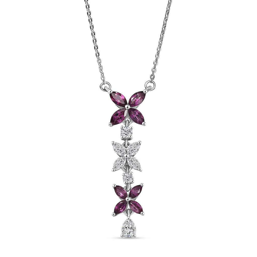 D'Joy Natural Radiant Ember Garnet & Moissanite Butterfly Long Necklace (Size - 20) with Lobster Clasp in Rhodium Overlay Sterling Silver 1.63 Ct.