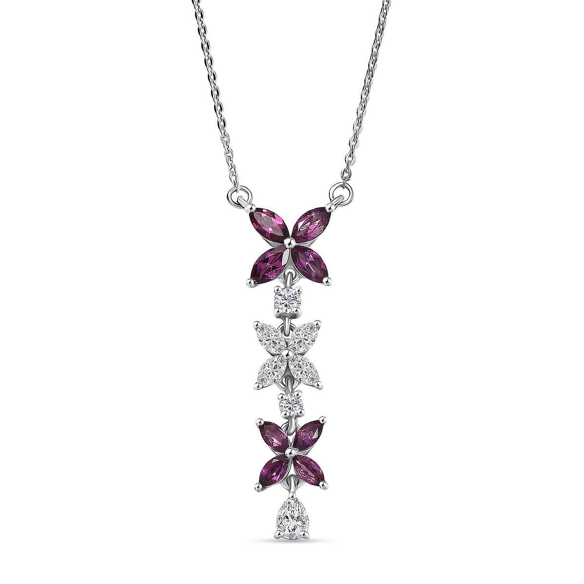 D'Joy - Natural Radiant Ember Garnet &amp; Moissanite Butterfly Long Necklace (Size - 20) with Lobster Clasp in Rhodium Overlay Sterling Silver 1.63 Ct. 8422966 0