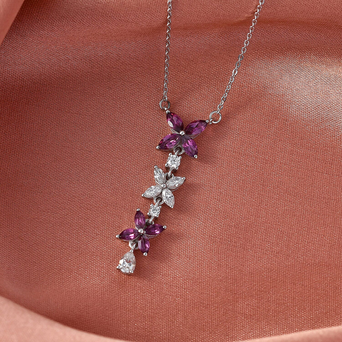 D'Joy - Natural Radiant Ember Garnet &amp; Moissanite Butterfly Long Necklace (Size - 20) with Lobster Clasp in Rhodium Overlay Sterling Silver 1.63 Ct. 8422966 2