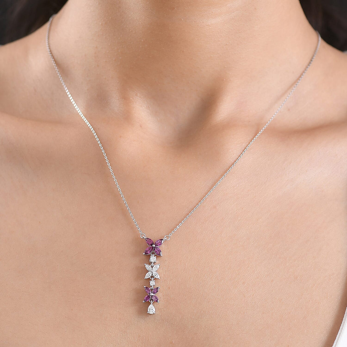 D'Joy - Natural Radiant Ember Garnet &amp; Moissanite Butterfly Long Necklace (Size - 20) with Lobster Clasp in Rhodium Overlay Sterling Silver 1.63 Ct. 8422966 3