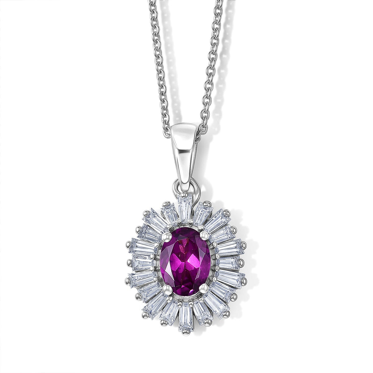 D'Joy - Natural Radiant Ember Garnet &amp; Moissanite Halo Pendant with Chain (Size 20) in Rhodium Overlay Sterling Silver 1.50 Ct. V32572326 0