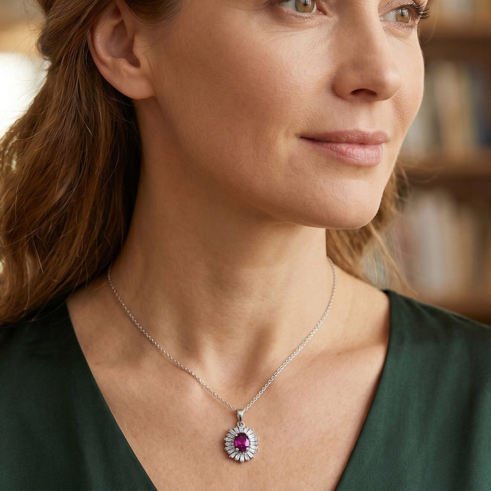 D'Joy - Natural Radiant Ember Garnet &amp; Moissanite Halo Pendant with Chain (Size 20) in Rhodium Overlay Sterling Silver 1.50 Ct. 4491531 2