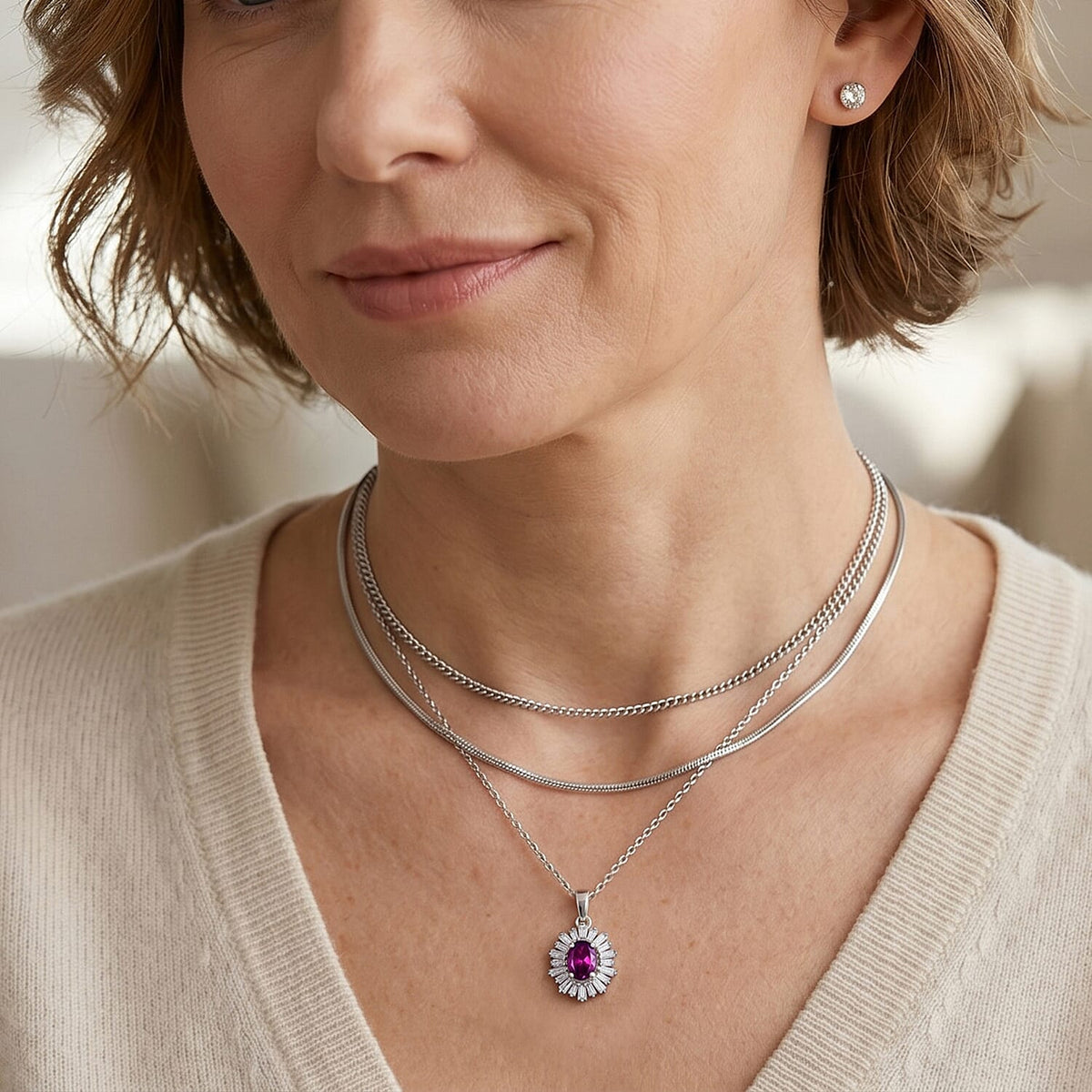 D'Joy - Natural Radiant Ember Garnet &amp; Moissanite Halo Pendant with Chain (Size 20) in Rhodium Overlay Sterling Silver 1.50 Ct. V32572326 3