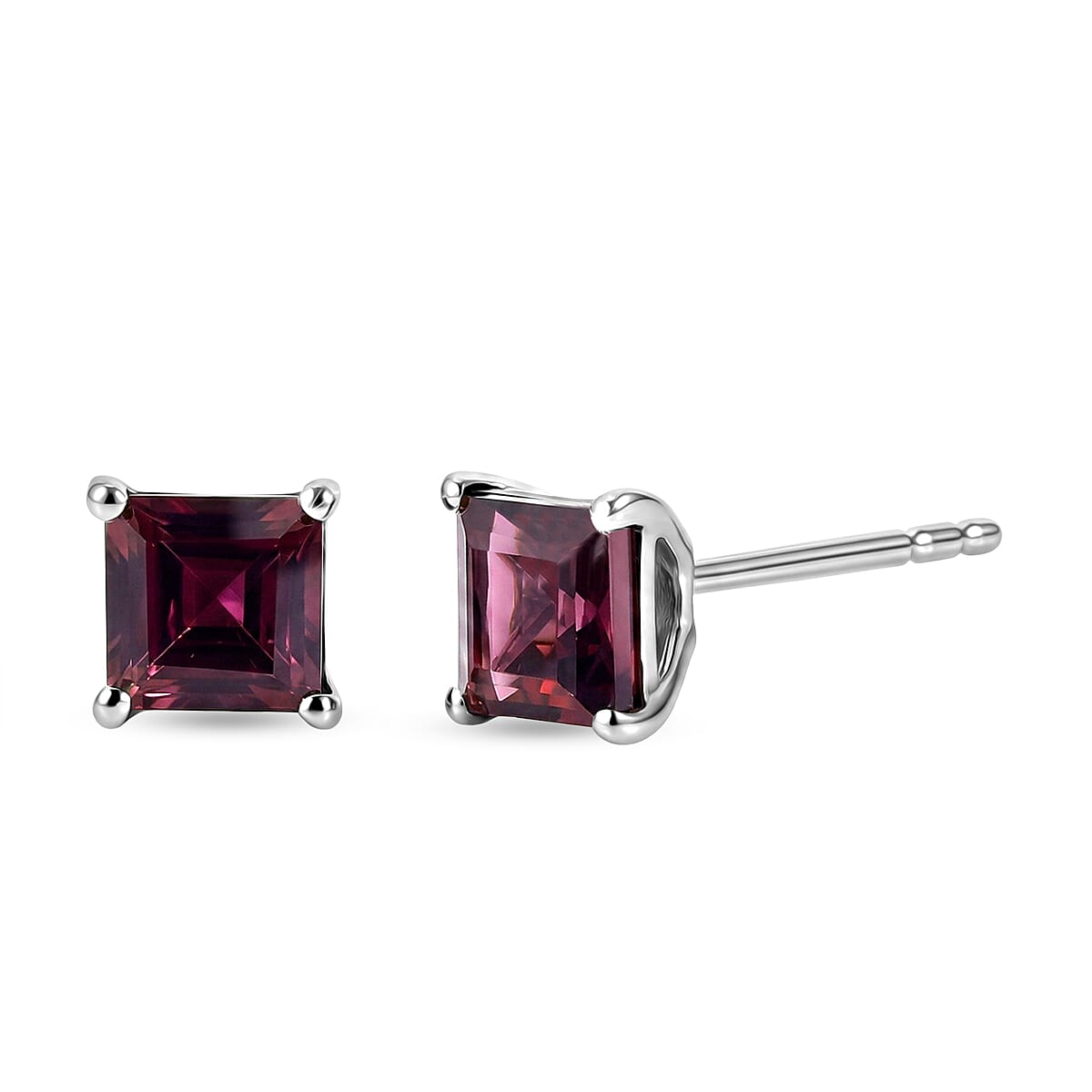 D'Joy - Natural Radiant Ember Garnet Solitaire Stud Push Post Earring in Rhodium Overlay Sterling Silver 1.80 Ct. 8564062 0