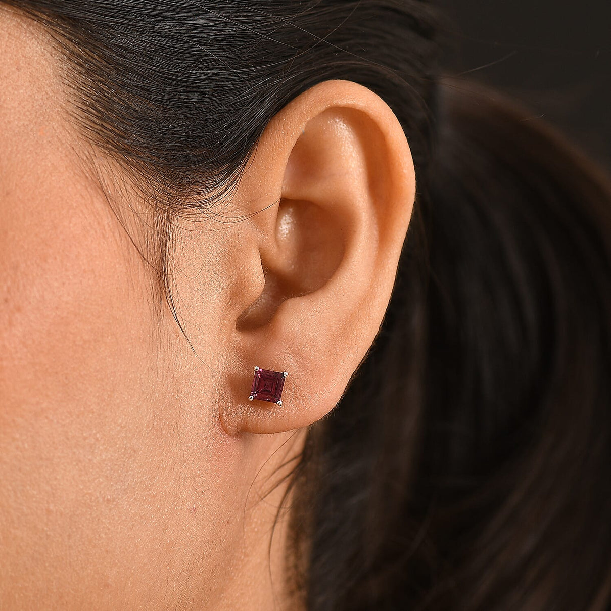 D'Joy - Natural Radiant Ember Garnet Solitaire Stud Push Post Earring in Rhodium Overlay Sterling Silver 1.80 Ct. 8564062 2