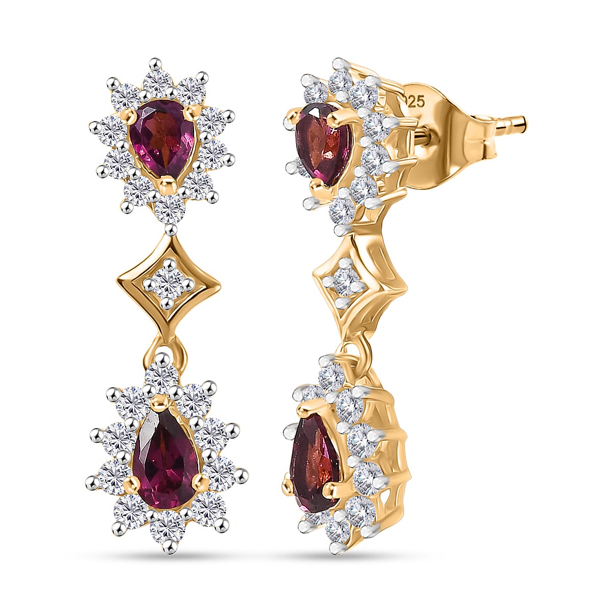 D'Joy Natural Radiant Ember Garnet &amp; White Zircon Dangling Push Back Earring in Yellow Gold Plated Sterling Silver 2.01 Ct. 8426186 0