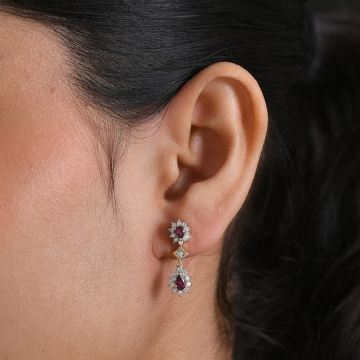 D'Joy Natural Radiant Ember Garnet &amp; White Zircon Dangling Push Back Earring in Yellow Gold Plated Sterling Silver 2.01 Ct. 8426186 3