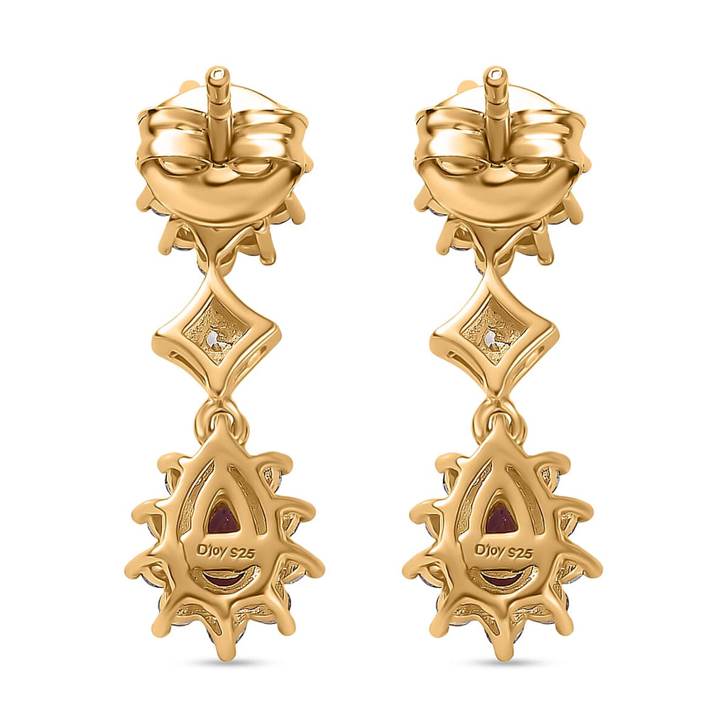 D'Joy Natural Radiant Ember Garnet & White Zircon Dangling Push Back Earring in Yellow Gold Plated Sterling Silver 2.01 Ct.