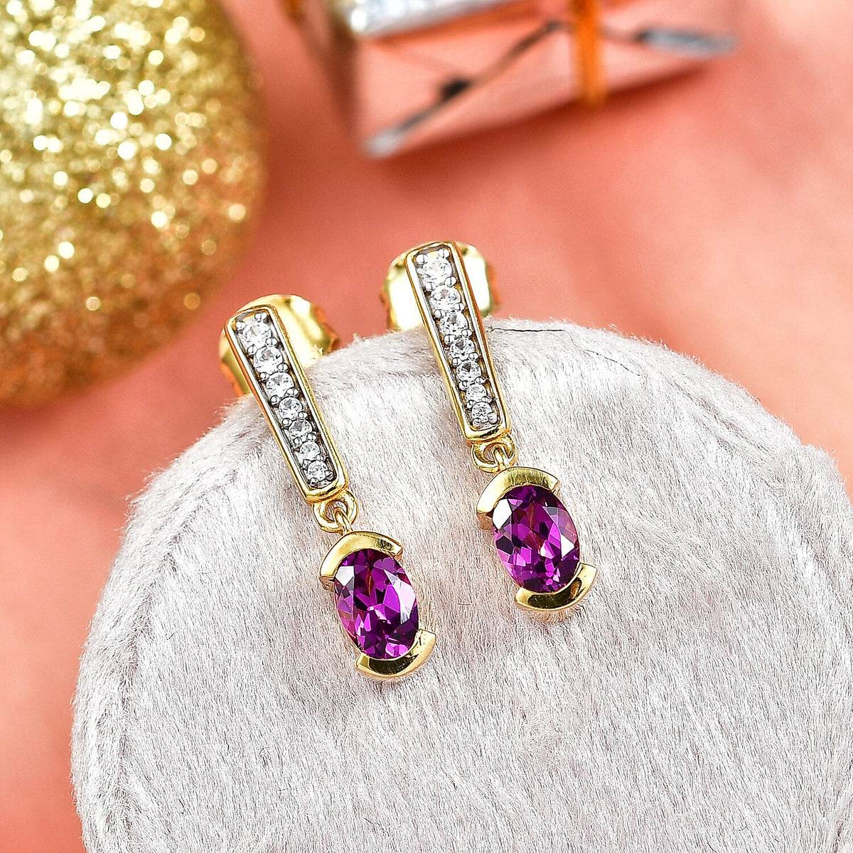 D'Joy Natural Radiant Ember Garnet &amp; White Zircon Dangling Push Back Earring in Yellow Gold Plated Sterling Silver 1.40 Ct. 8426227 2