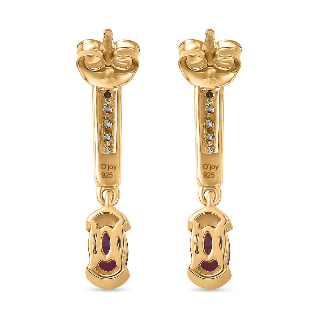 D'Joy Natural Radiant Ember Garnet & White Zircon Dangling Push Back Earring in Yellow Gold Plated Sterling Silver 1.40 Ct.