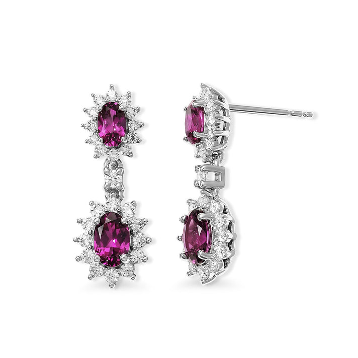 D'Joy - Natural Radiant Ember Garnet &amp; White Zircon Dangling Earring with Push Post in Rhodium Overlay Sterling Silver 2.83 Ct. 8627911 1
