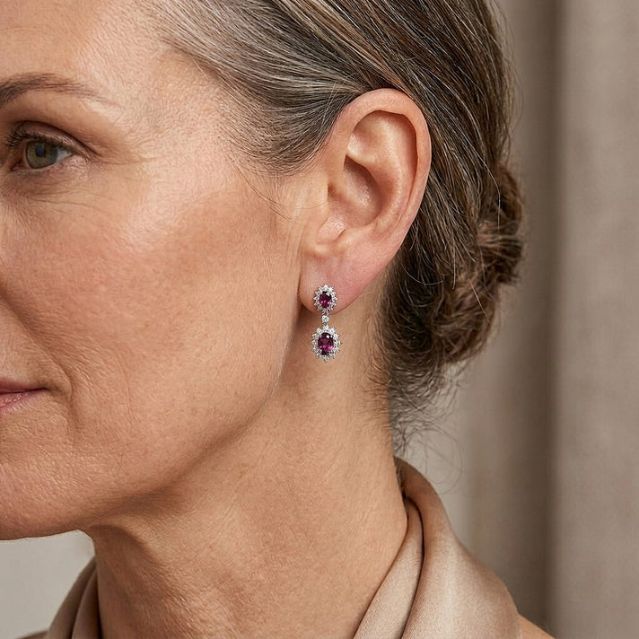 D'Joy - Natural Radiant Ember Garnet &amp; White Zircon Dangling Earring with Push Post in Rhodium Overlay Sterling Silver 2.83 Ct. 8627911 2