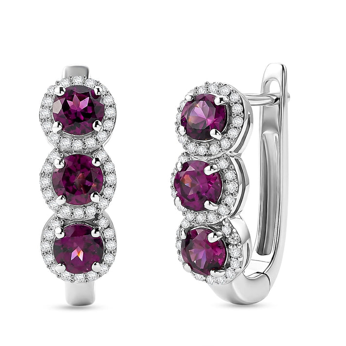 D'Joy - Natural Radiant Ember Garnet &amp; White Zircon J Hoop Earring with Clasp in Rhodium Overlay Sterling Silver 2.68 Ct. 8562725 1