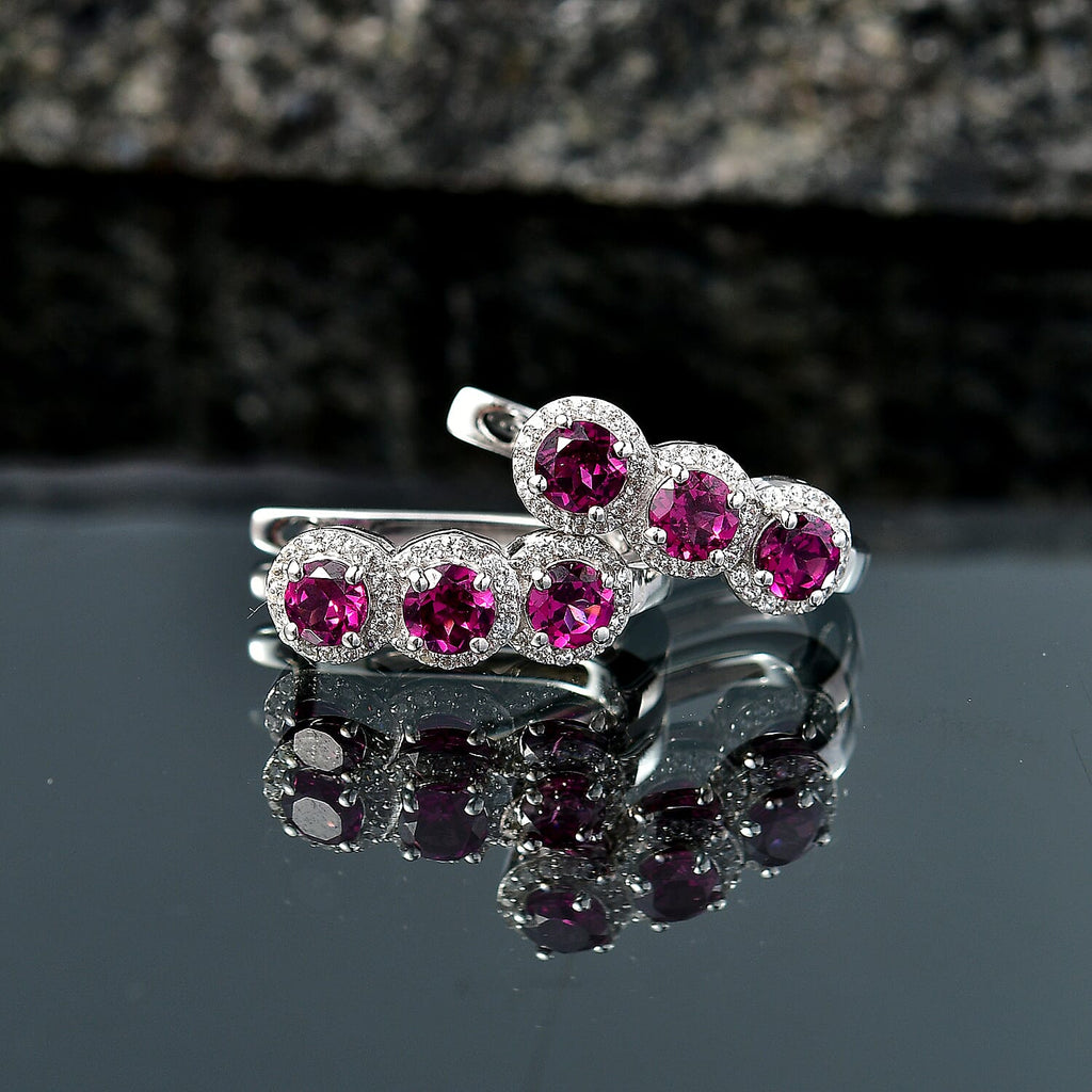 D'Joy - Natural Radiant Ember Garnet & White Zircon J Hoop Earring with Clasp in Rhodium Overlay Sterling Silver 2.68 Ct.