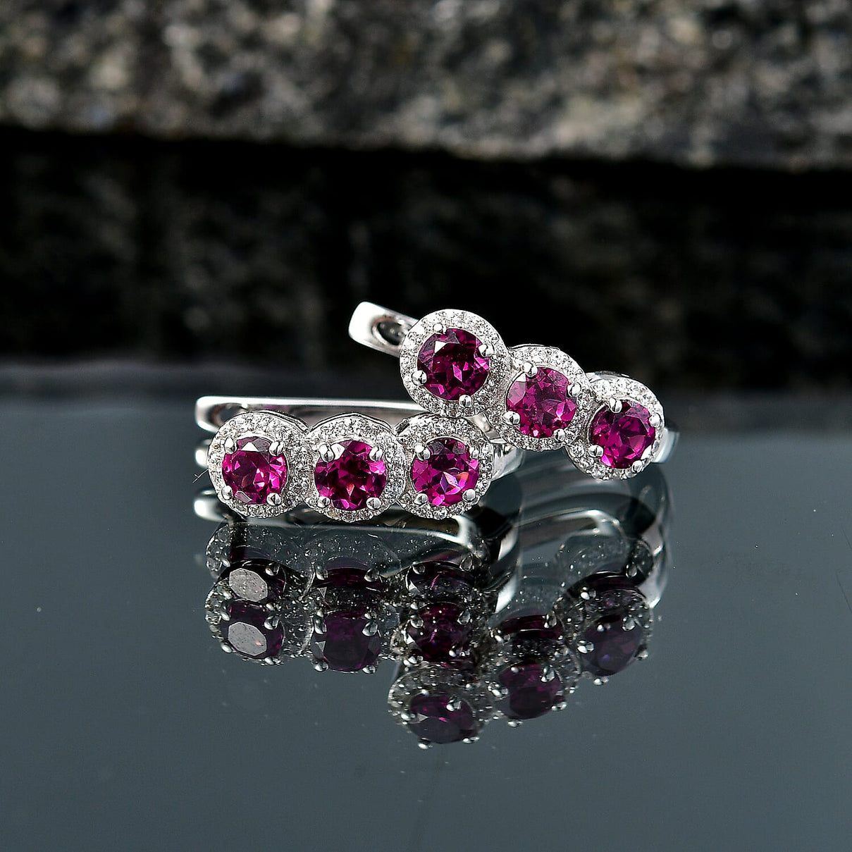 D'Joy - Natural Radiant Ember Garnet &amp; White Zircon J Hoop Earring with Clasp in Rhodium Overlay Sterling Silver 2.68 Ct. V32524780 3