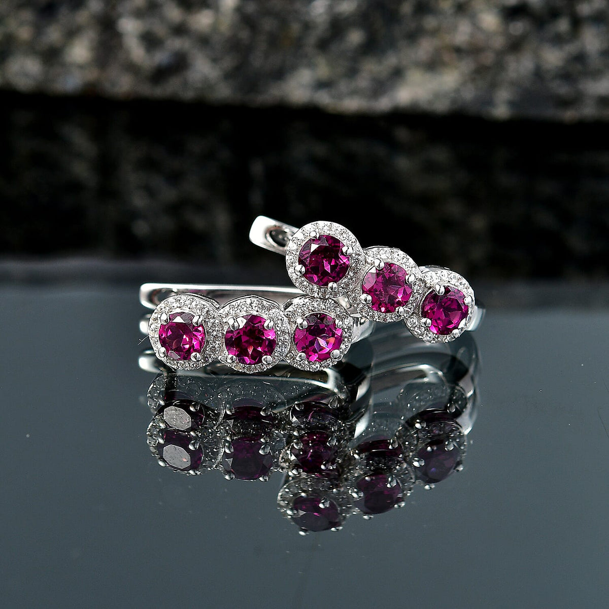 D'Joy - Natural Radiant Ember Garnet &amp; White Zircon J Hoop Earring with Clasp in Rhodium Overlay Sterling Silver 2.68 Ct. V32524780 3