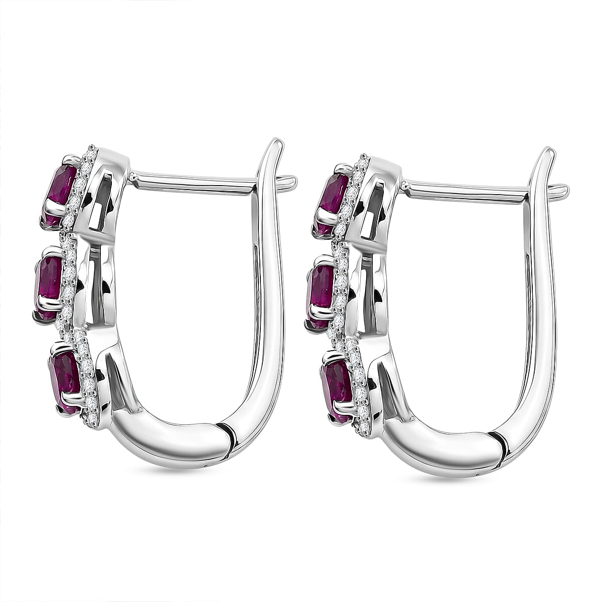 D'Joy - Natural Radiant Ember Garnet &amp; White Zircon J Hoop Earring with Clasp in Rhodium Overlay Sterling Silver 2.68 Ct. V32524780 4