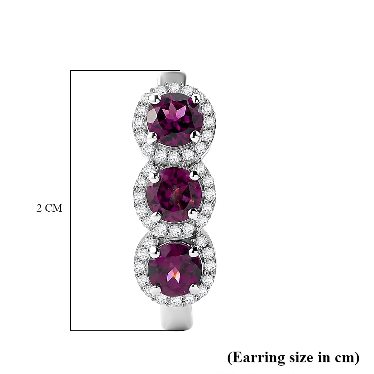 D'Joy - Natural Radiant Ember Garnet &amp; White Zircon J Hoop Earring with Clasp in Rhodium Overlay Sterling Silver 2.68 Ct. V32524780 5