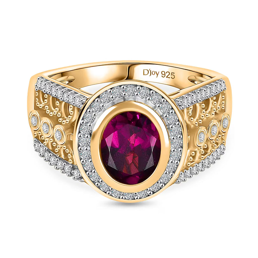 D'Joy Natural Radiant Ember Garnet & White Zircon Ring in 18K Vermeil Yellow Gold Plated Sterling Silver 2.07 Ct.