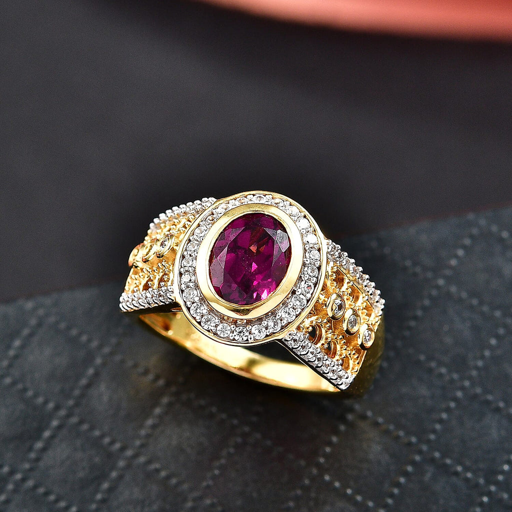 D'Joy Natural Radiant Ember Garnet & White Zircon Ring in 18K Vermeil Yellow Gold Plated Sterling Silver 2.07 Ct.