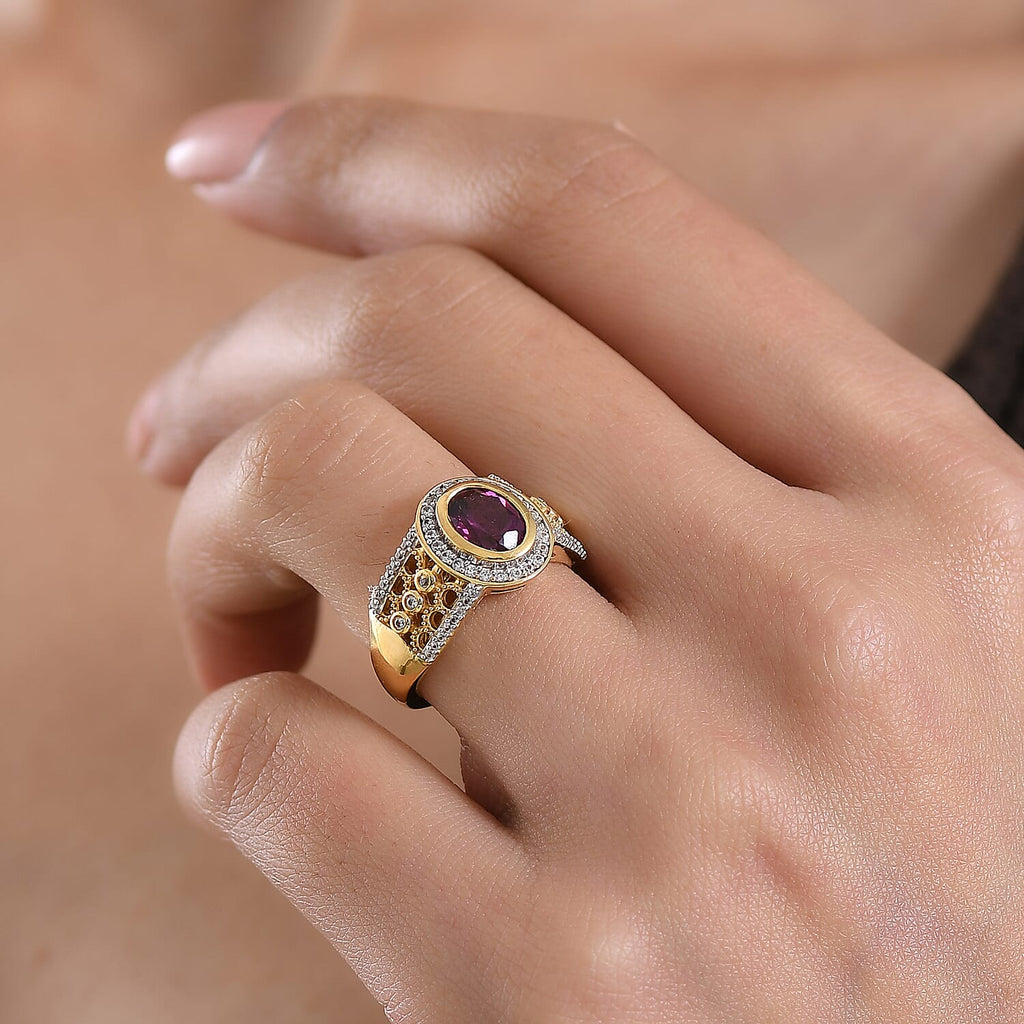 D'Joy Natural Radiant Ember Garnet & White Zircon Ring in 18K Vermeil Yellow Gold Plated Sterling Silver 2.07 Ct.
