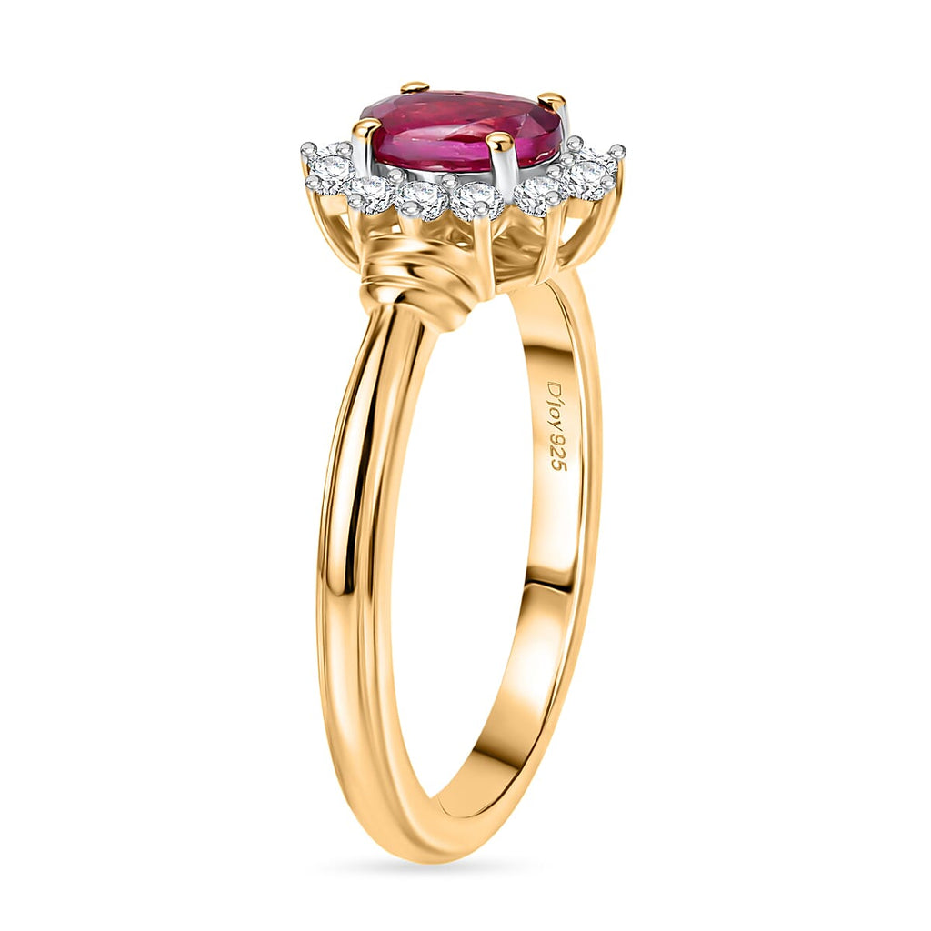 D'Joy - Natural Radiant Ember Garnet & White Zircon Halo Ring in Yellow Gold Plated Sterling Silver