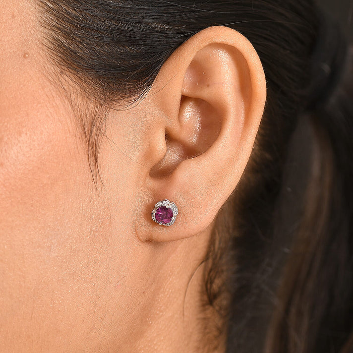 D'Joy - AAA Purple Garnet &amp; White Zircon Halo Stud Push Post Earring in Rhodium Overlay Sterling Silver 1.40 Ct. 8553633 2