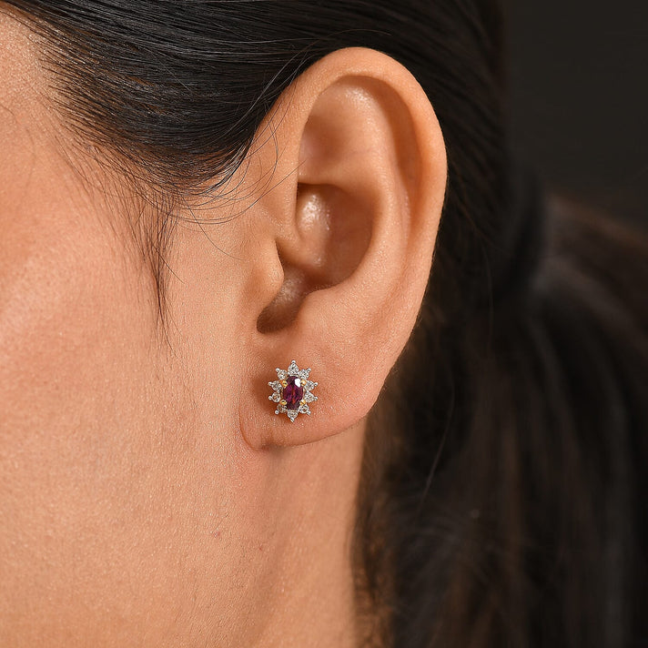 D'Joy - Natural Radiant Ember Garnet &amp; White Zircon Stud Push Post Halo Earring in Yellow Gold Plated Sterling Silver 1.00 Ct. 8555238 2