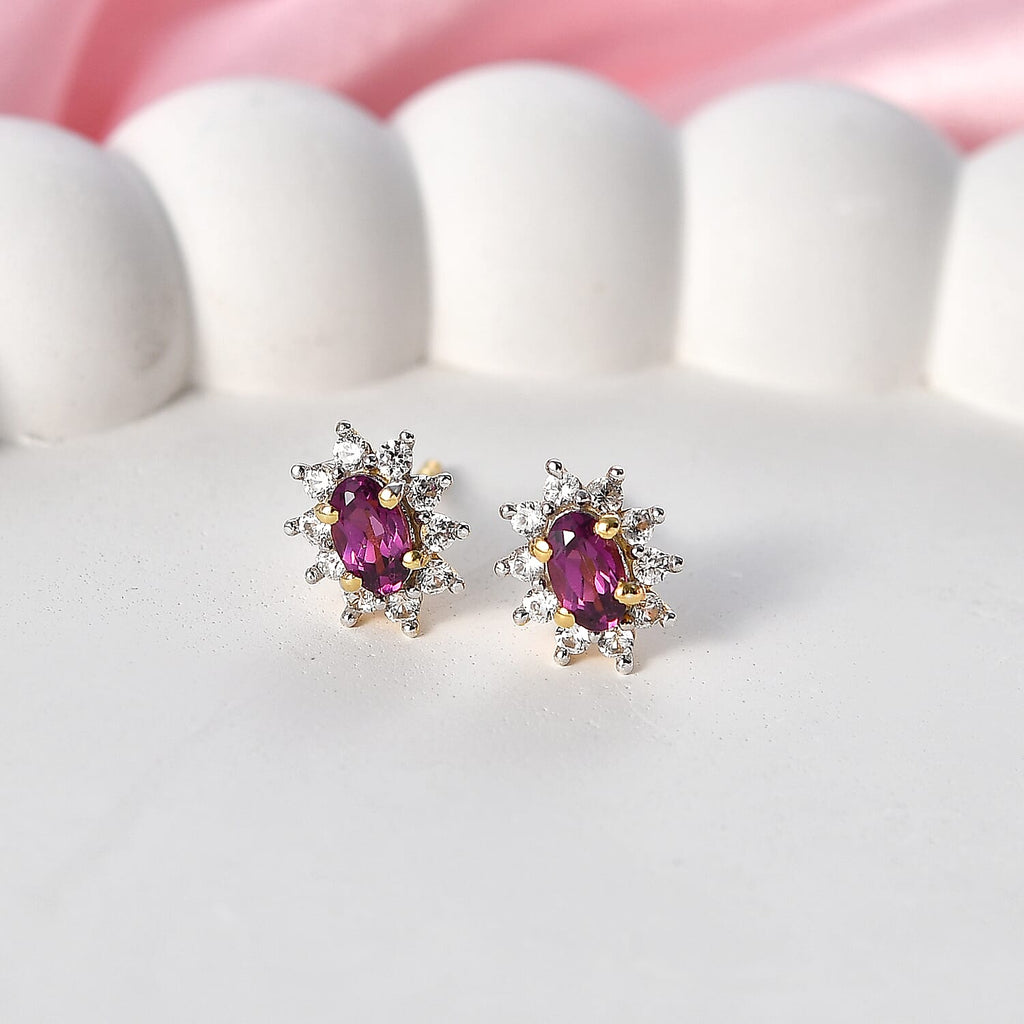 D'Joy - Natural Radiant Ember Garnet & White Zircon Stud Push Post Halo Earring in Yellow Gold Plated Sterling Silver 1.00 Ct.