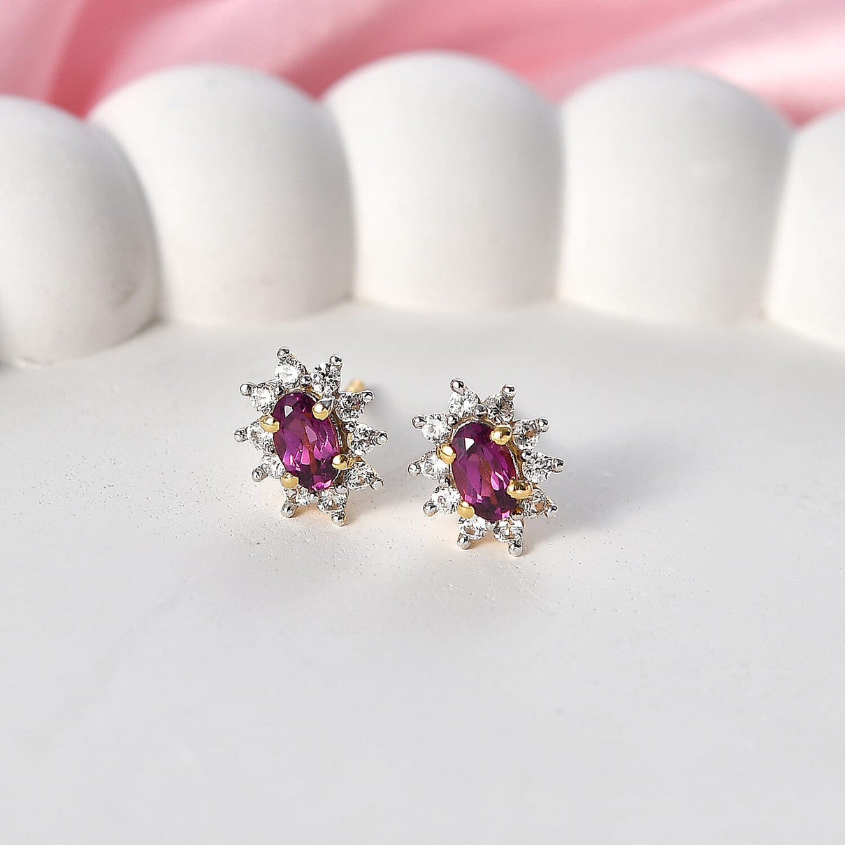 D'Joy - Natural Radiant Ember Garnet &amp; White Zircon Stud Push Post Halo Earring in Yellow Gold Plated Sterling Silver 1.00 Ct. V32527649 3