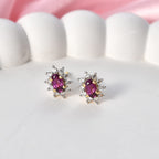 D'Joy - Natural Radiant Ember Garnet & White Zircon Stud Push Post Halo Earring in Yellow Gold Plated Sterling Silver 1.00 Ct.