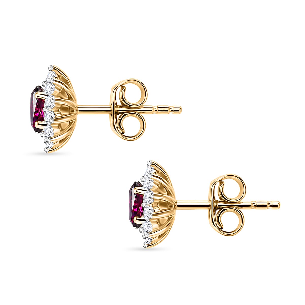 D'Joy - Natural Radiant Ember Garnet &amp; White Zircon Stud Push Post Halo Earring in Yellow Gold Plated Sterling Silver 1.00 Ct. V32527649 4