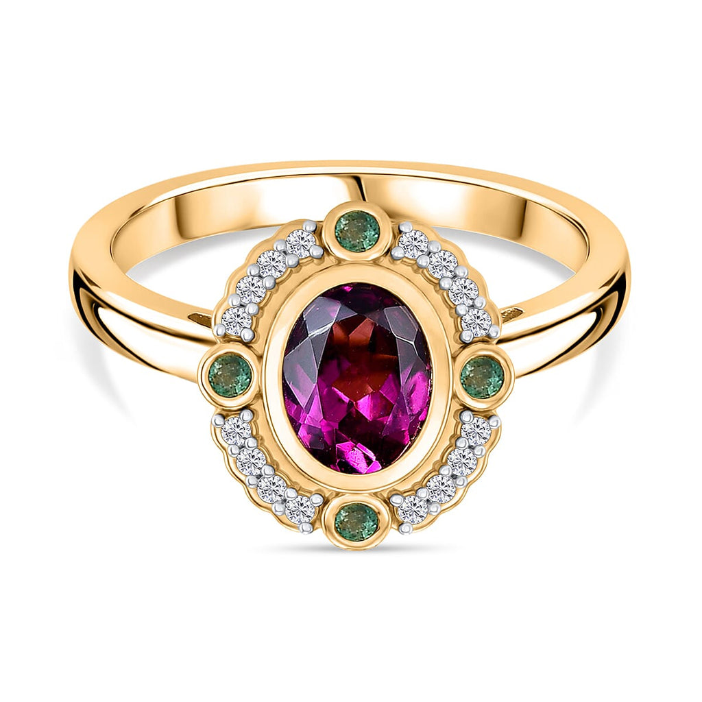 D'Joy Natural Radiant Ember Garnet & White Zircon & Zambian Emerald Halo Ring in 18K Vermeil Yellow Gold Plated Sterling Silver 1.17 Ct.
