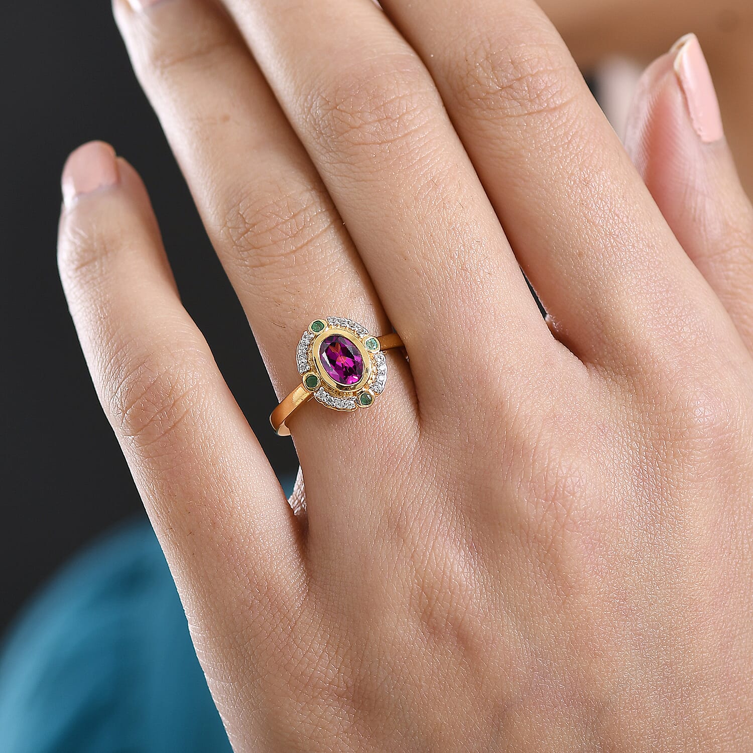 D'Joy Natural Radiant Ember Garnet &amp; White Zircon &amp; Zambian Emerald Halo Ring in 18K Vermeil Yellow Gold Plated Sterling Silver 1.17 Ct. 8426187 3