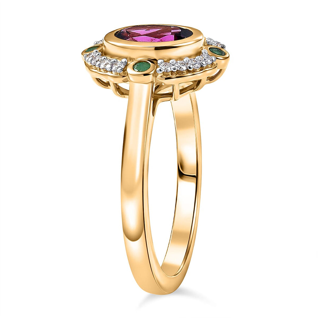 D'Joy Natural Radiant Ember Garnet & White Zircon & Zambian Emerald Halo Ring in 18K Vermeil Yellow Gold Plated Sterling Silver 1.17 Ct.