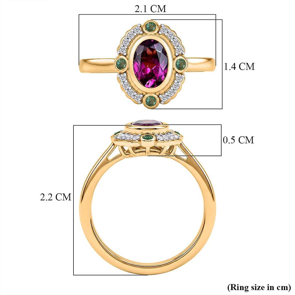 D'Joy Natural Radiant Ember Garnet & White Zircon & Zambian Emerald Halo Ring in 18K Vermeil Yellow Gold Plated Sterling Silver 1.17 Ct.