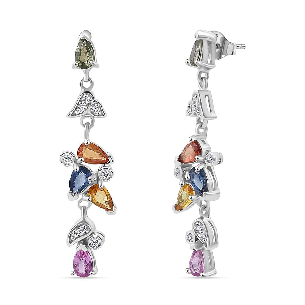 Rainbow Sapphire, Blue Sapphire, Pink Sapphire & White Zircon Earring with Push Back in Rhodium Overlay Sterling Silver 2.64 Ct.