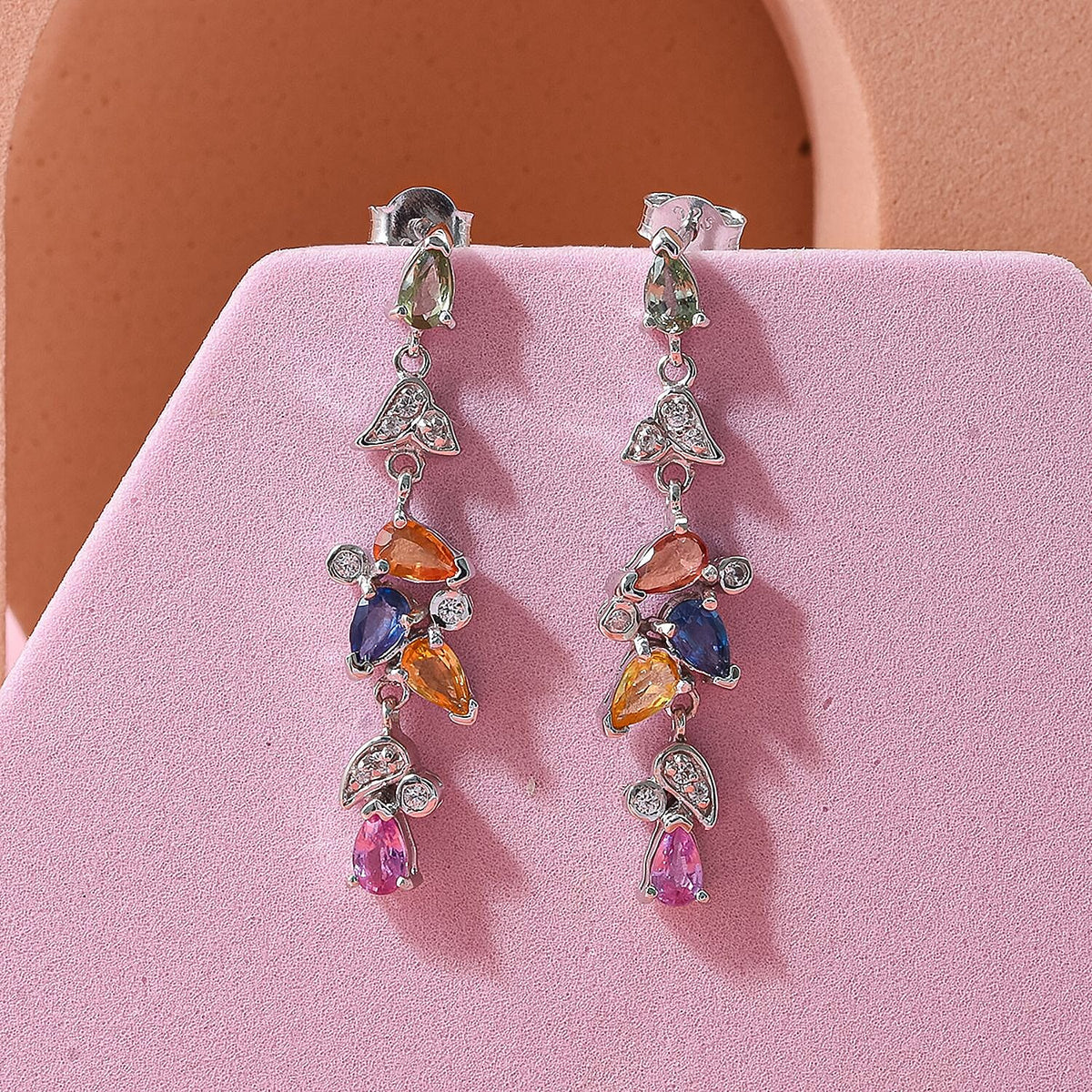 Rainbow Sapphire, Blue Sapphire, Pink Sapphire &amp; White Zircon Earring with Push Back in Rhodium Overlay Sterling Silver 2.64 Ct. 8257487 1