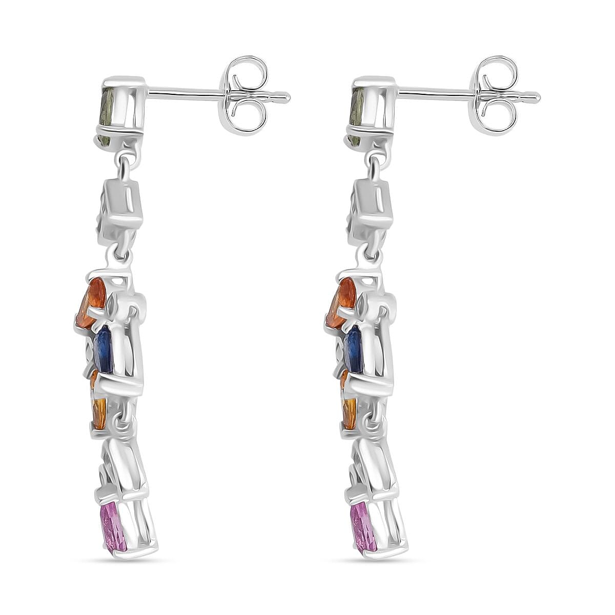 Rainbow Sapphire, Blue Sapphire, Pink Sapphire &amp; White Zircon Earring with Push Back in Rhodium Overlay Sterling Silver 2.64 Ct. 8257487 3