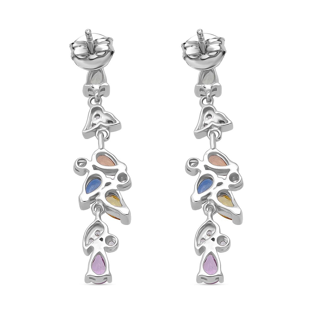 Rainbow Sapphire, Blue Sapphire, Pink Sapphire &amp; White Zircon Earring with Push Back in Rhodium Overlay Sterling Silver 2.64 Ct. 8257487 4