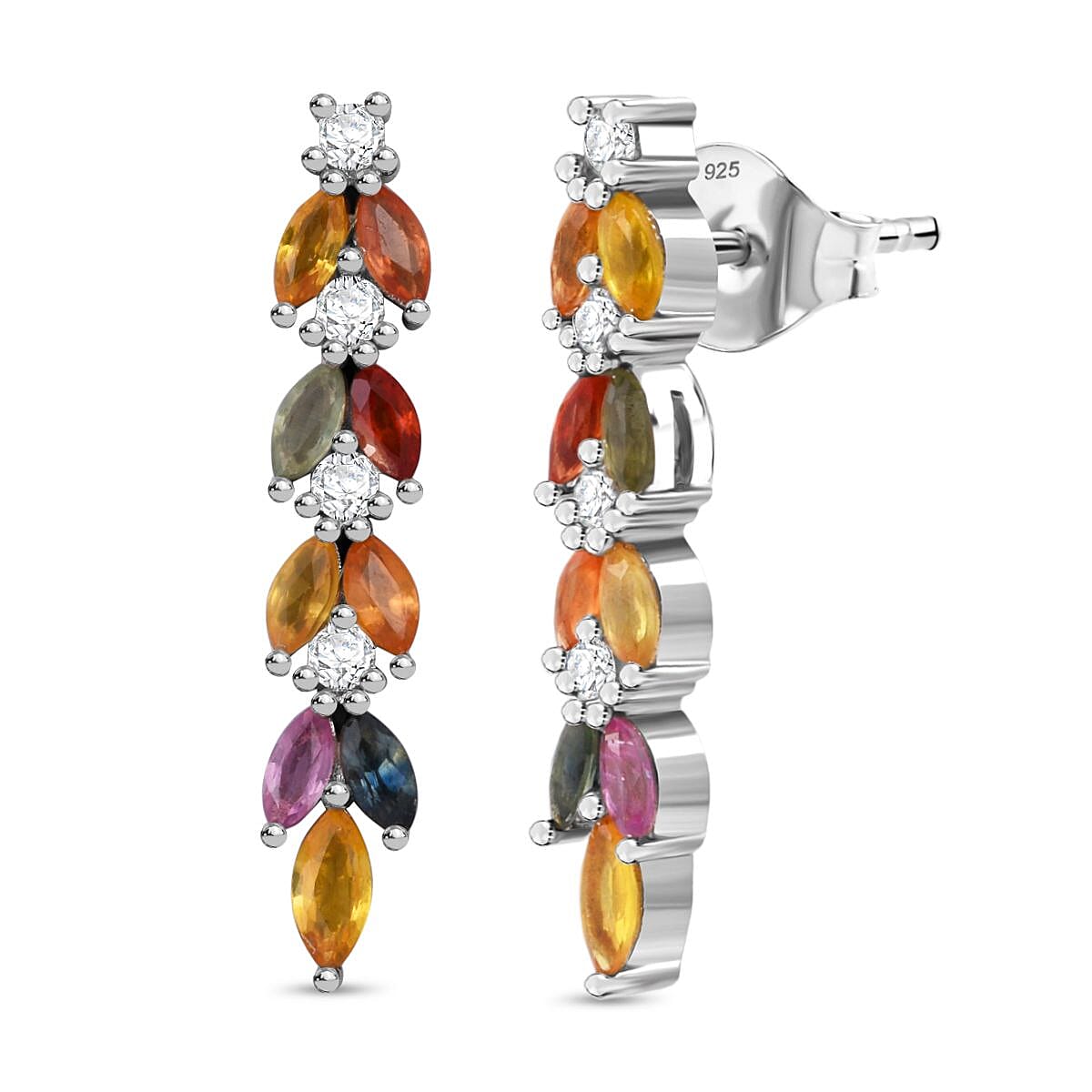 Rainbow Sapphire &amp; Multi Gemstones Dangling Earring with Push Back in Rhodium Overlay Sterling Silver 2.40 Ct. 8257575 0
