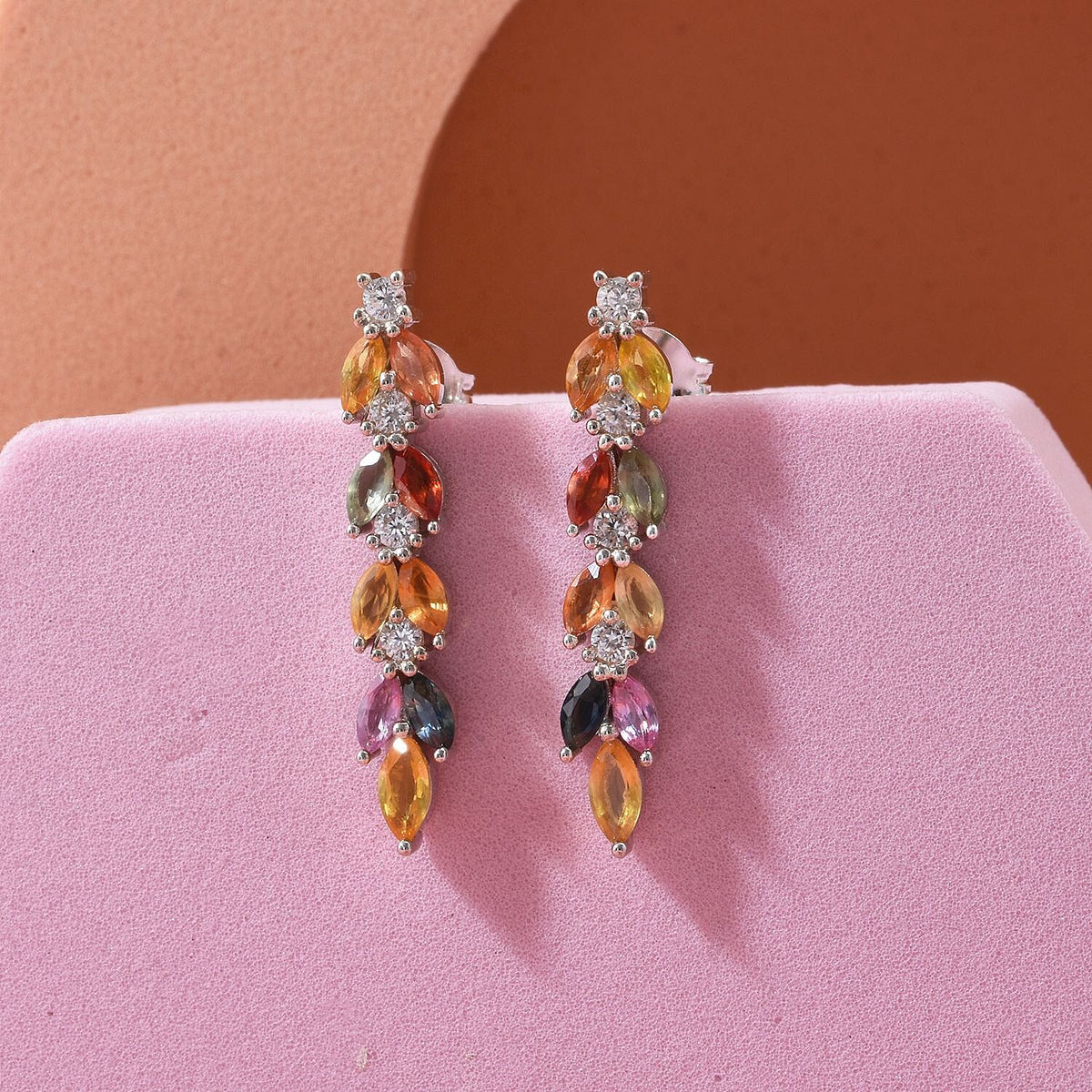 Rainbow Sapphire &amp; Multi Gemstones Dangling Earring with Push Back in Rhodium Overlay Sterling Silver 2.40 Ct. 8257575 1