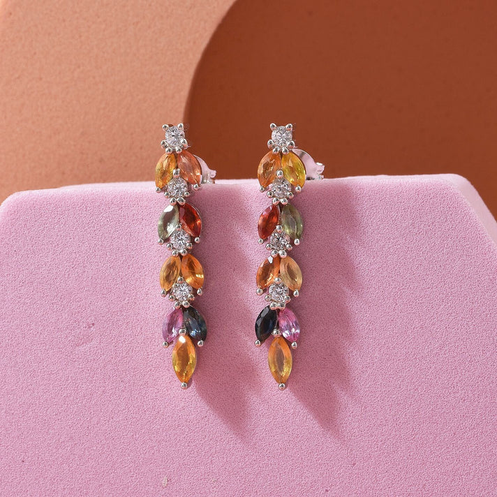 Rainbow Sapphire &amp; Multi Gemstones Dangling Earring with Push Back in Rhodium Overlay Sterling Silver 2.40 Ct. 8257575 2