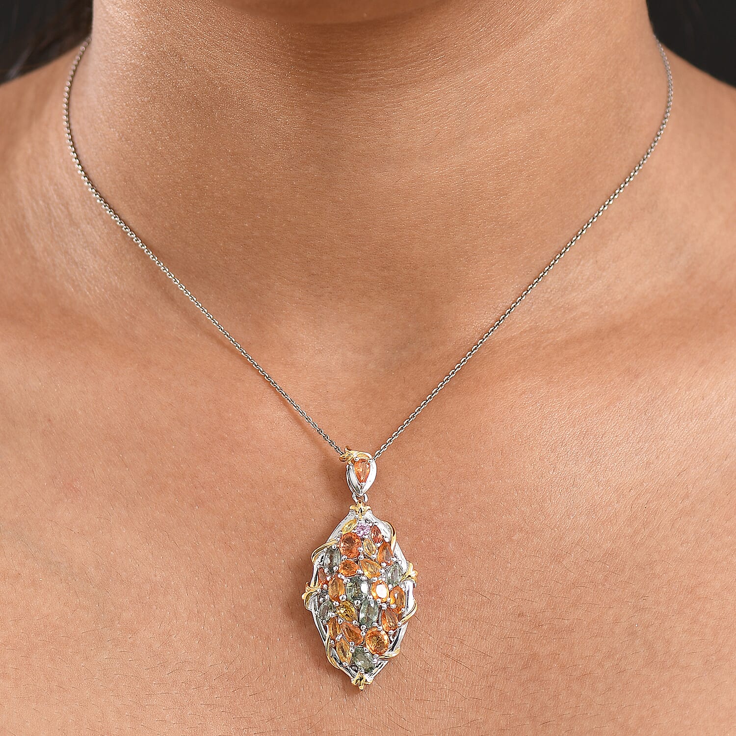 Rainbow Sapphire Pendant in 18K Vermeil Yellow Gold Plated &amp; Rhodium Overlay Sterling Silver 6.12 Ct, Silver Wt. 6.33 Gms. 8250222 2