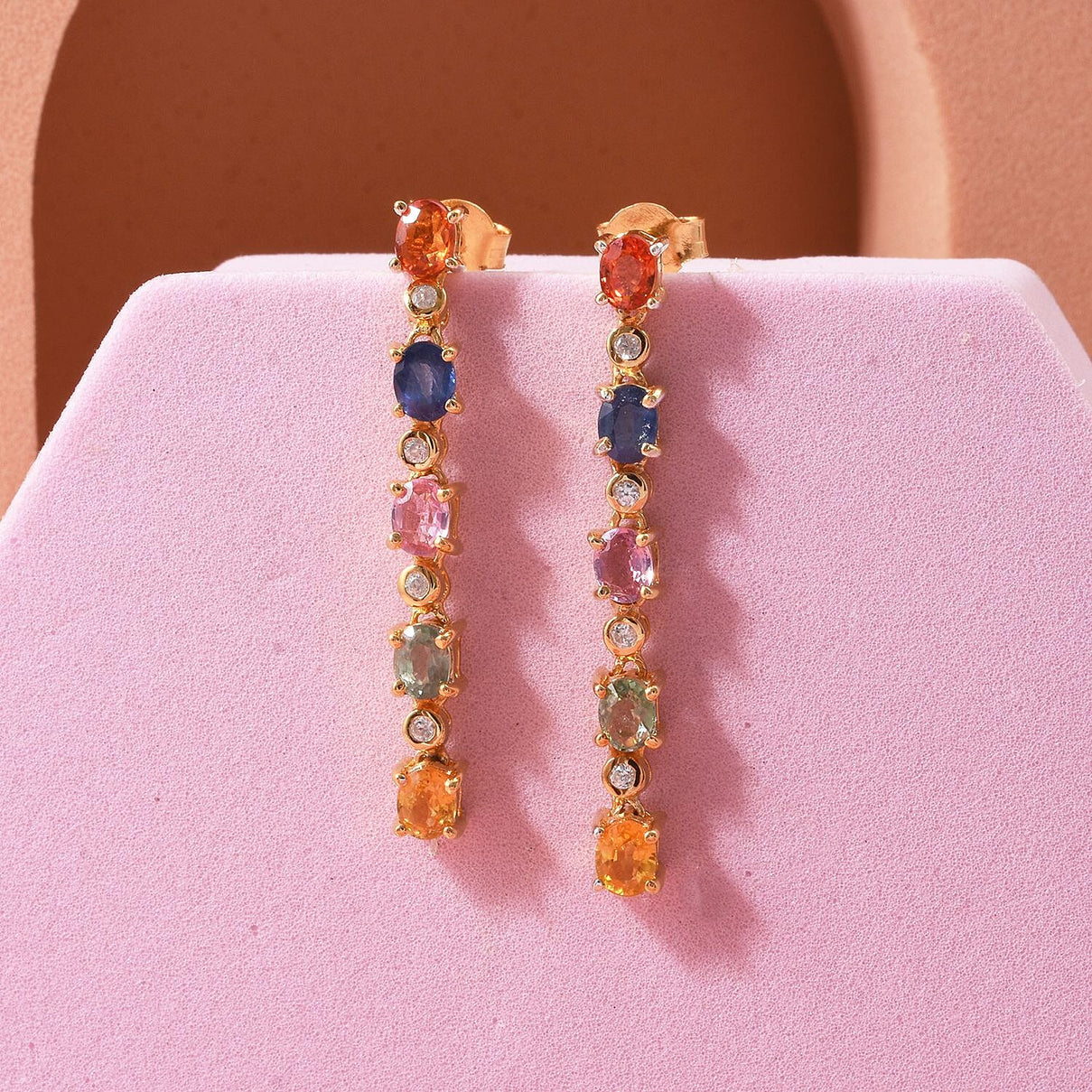 D'joy Rainbow Sapphire &amp; White Zircon Earring with Push Back in Yellow Gold Plated Sterling Silver 2.62 Ct. 8257474 1
