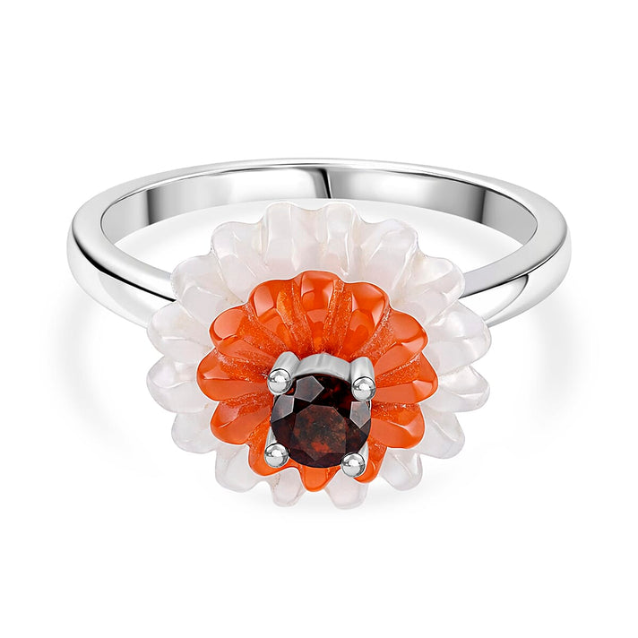D'Joy Red Garnet, Dyed White Jade &amp; Enhanced Red Jade Floral Cluster Ring in Rhodium Overlay Sterling Silver 9.15 Ct. 8422430 1